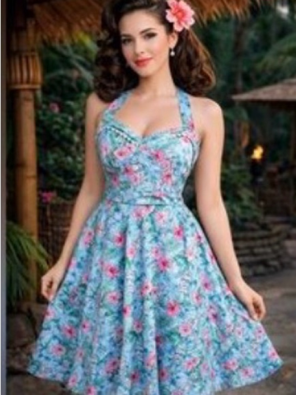 Hot Topic Blue Floral Halter Mini Dress with Pink Flowers